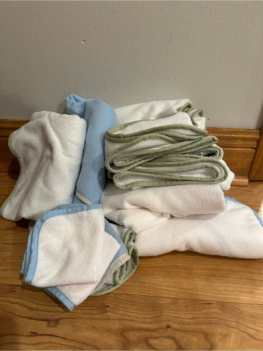 White Microfiber Baby Baby Towels & Wash Cloths with Blue and Sage Trim